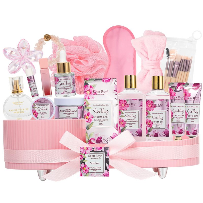 27 Pcs Spa Day Gifts Basket for Women, Camellia & magnolia Bath and Body Gift, Facial Skin Care Set, Self Care Pampering Kit, Face Serum, Lip Care, Home Spa, Birthday, Mother Day, Bridal Shower