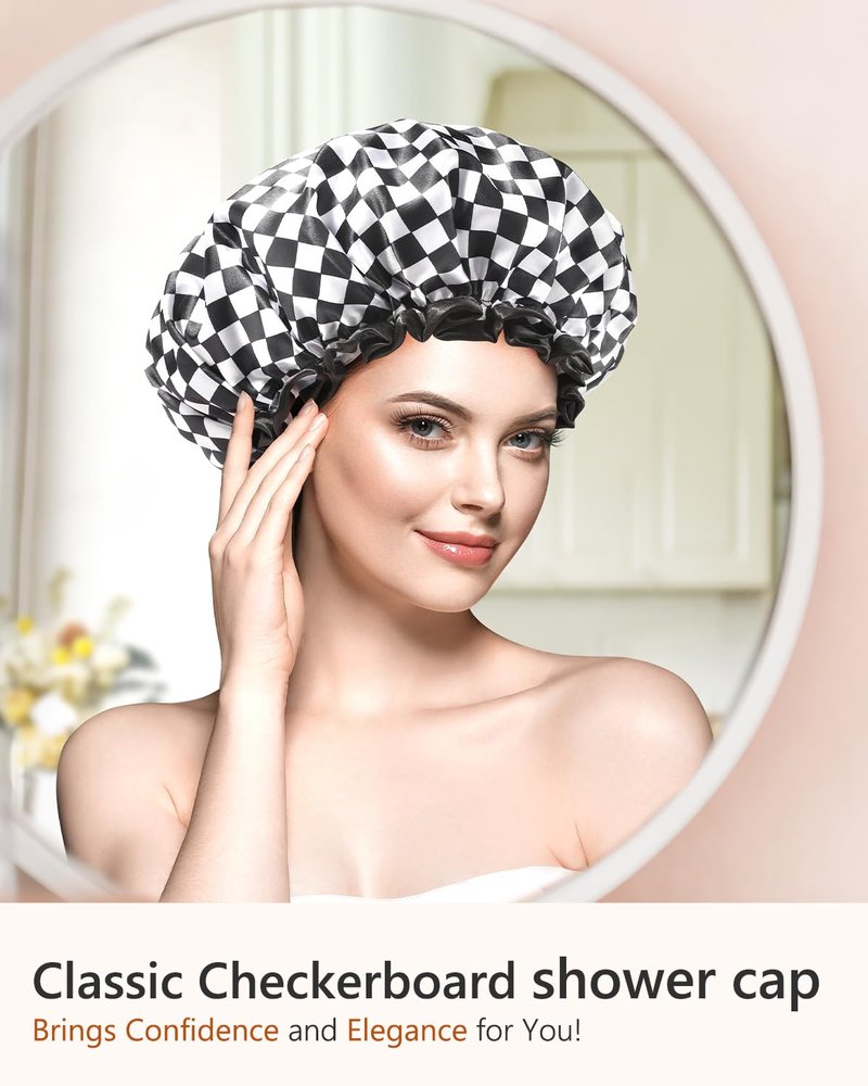 mikimini Large Shower Cap for Women Long Hair, Reusable, Double Layers Waterproof Large Bathing Shower Hat with Soft Comfortable PEVA Lining, Non-Fading, Stretchy & Shower Caps ,Checkerboard (Pack of 1)