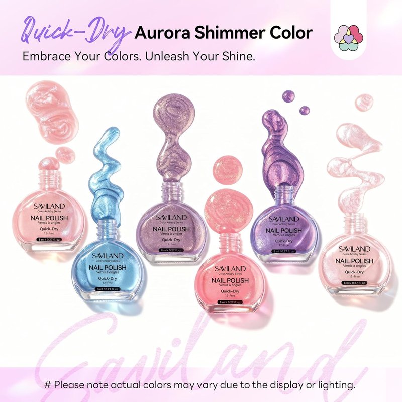 SAVILAND Pearl Nail Polish Set: Quick Dry 12-Free Aurora Summer Nail Polish 6 Shimmer Purple Pink Blue Colors Fingernail Polish Set Vegan Nail Toes Lacquer DIY Nail Art Home Use Christmas Gift Women