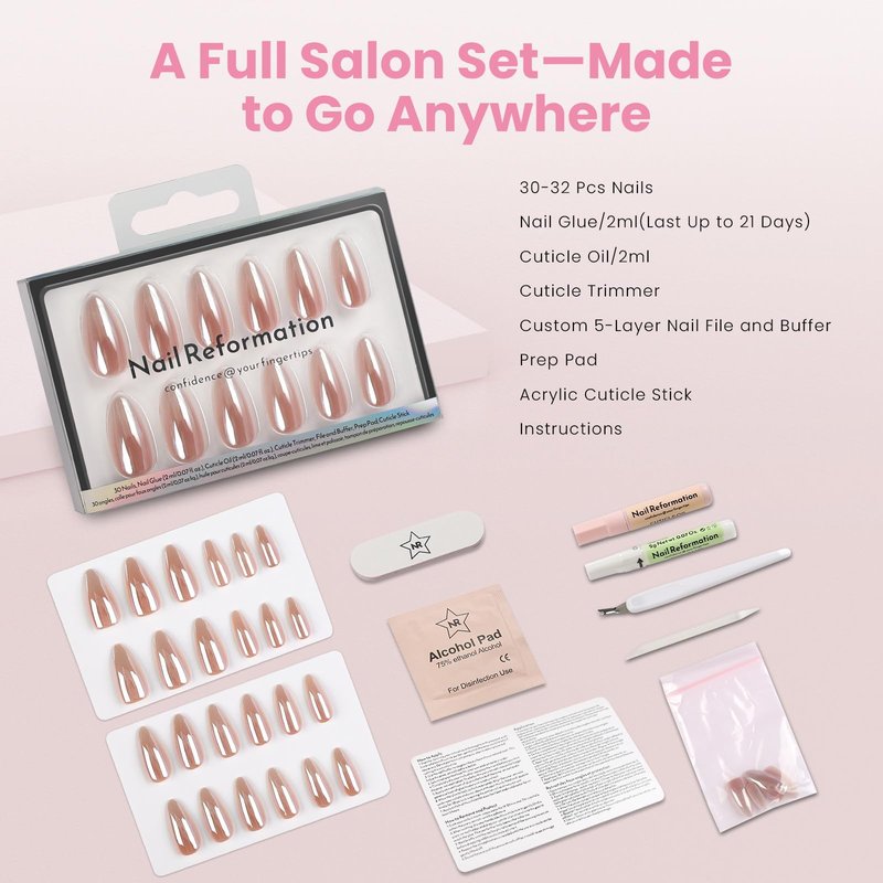 Nail Reformation Press On Nails Almond, Rose Gold Fake Nails Medium, Glazed Finish Fit Perfectly & Natural Reusable Stick On Ombre False Nails, 15 Sizes – 30 Nail Tips With Glue, Gifts for Women
