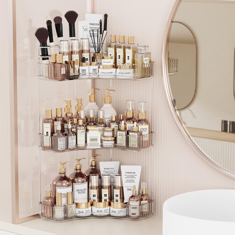 Asayuee 3-Tier Corner Bathroom Counter Organizer with Top Toothbrush Holders,Large Makeup Organizer Countertop with Brush Holder,Skincare Organizers Corner,Exquisite Vanity Organizer (Clear, 3 Tier)
