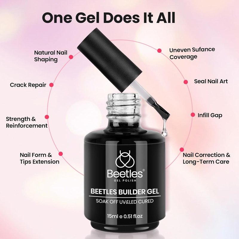 Beetles Builder Gel - 8-in-1 Milky Pink Nail Polish | Strengthening & Crack Repair for DIY Nail Extensions