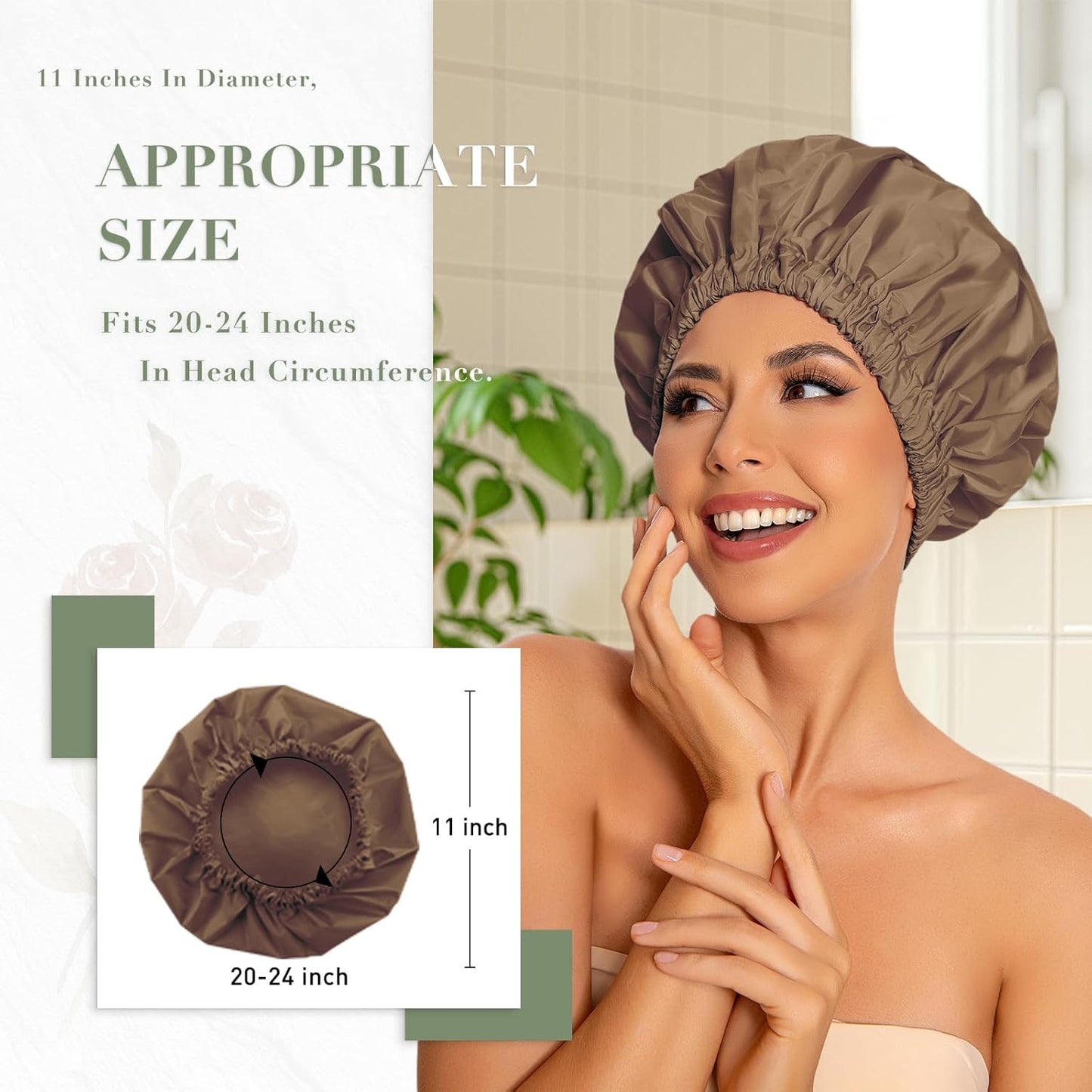 Skiennix Reusable Shower Cap - Large Waterproof Bonnet with Elastic Band for Long, Curly Hair | Brown