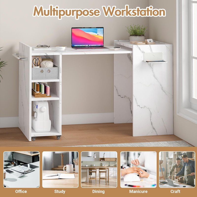 Foldable Manicure Table Nail Desk, Expandable Nail Tech Table with Storage Fabric Drawer Adjustable Shelf, Wall Mount Nail Station Modern Multipurpose Table Home Office Beauty Spa Salon, White Marble