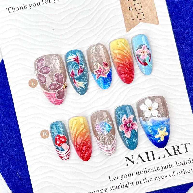 30 Pcs Summer Beach Press On Nails Almond Shape - Ocean Theme Handmade Fake Nails with Seashell Starfish Decor, Reusable Acrylic False Nails for Women Wedding Party Vacation