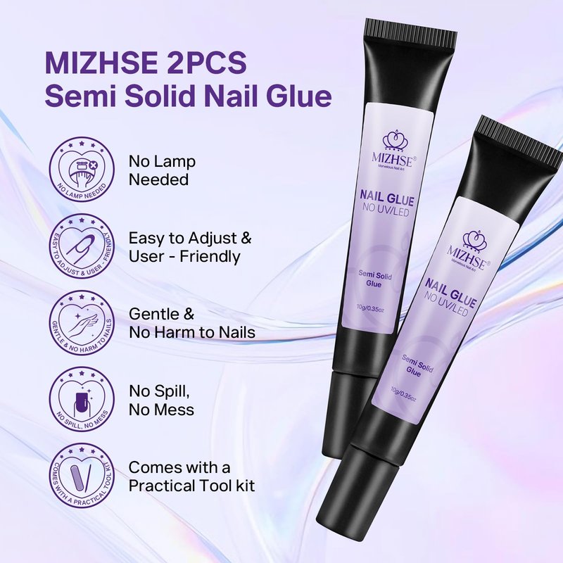 MIZHSE 2PCS Semi Solid Nail Glue Gel for Press On Nails Tips, Super Strong Quick Drying No U V Light Needed Glue on Nails, Easy-Control Non-Run Formula Fake Acrylic Nails Kit Glue Gel