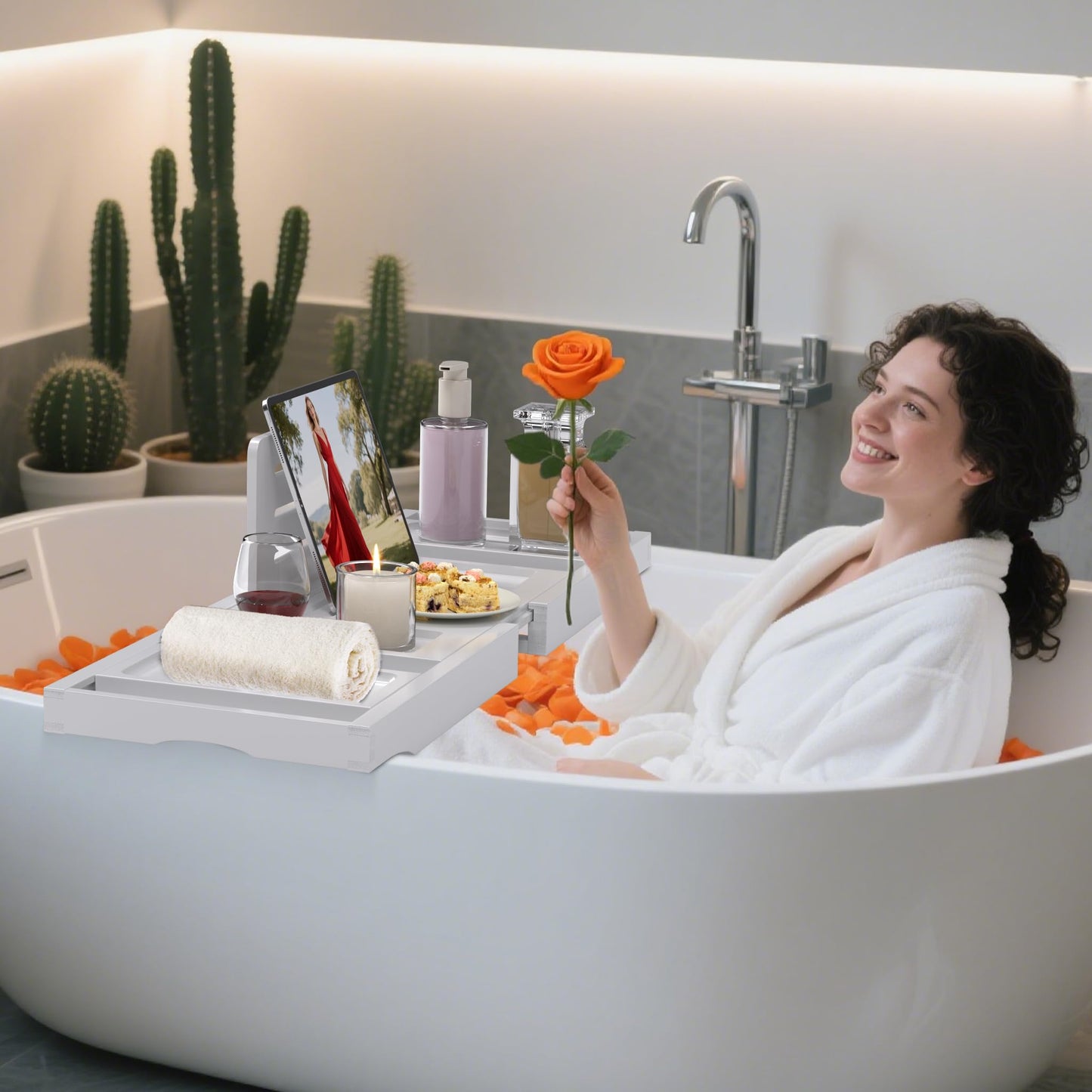 Bathtub Tray Caddy,Premium Bamboo Expandable Bath Tub Trays Table, Foldable Bathroom Accessories,Great House Warming, Anniversary and Birthday Gifts,White
