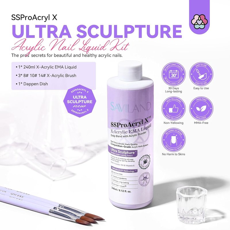 SAVILAND EMA Monomer Acrylic Nail Liquid - 8 oz for Nail Extensions | Includes 3 Brushes & Dappen Dish