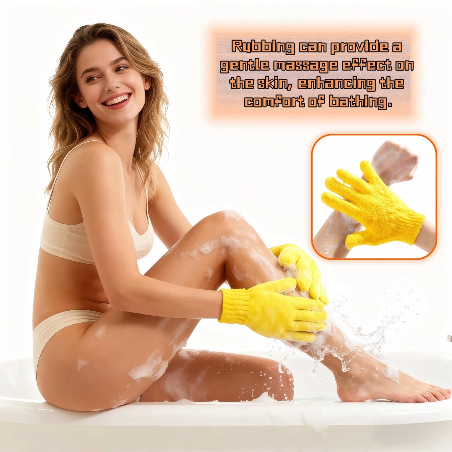 RyanDesign Exfoliating Shower Gloves, 2 Pairs Reinforced Nylon Bath Scrubbing Mitts, Orange and Yellow, One Size Fits All, Body Cleansing Massage