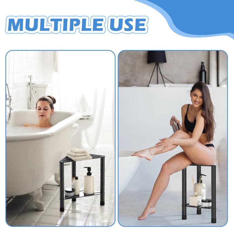 Corner Shower Stool for Inside Shower - 15.5in Shower Foot Rest with Storage Shelf, Stainless Steel Shower Stool for Shaving Legs, Bathroom Bench Suitable for Small Shower Spaces, Black