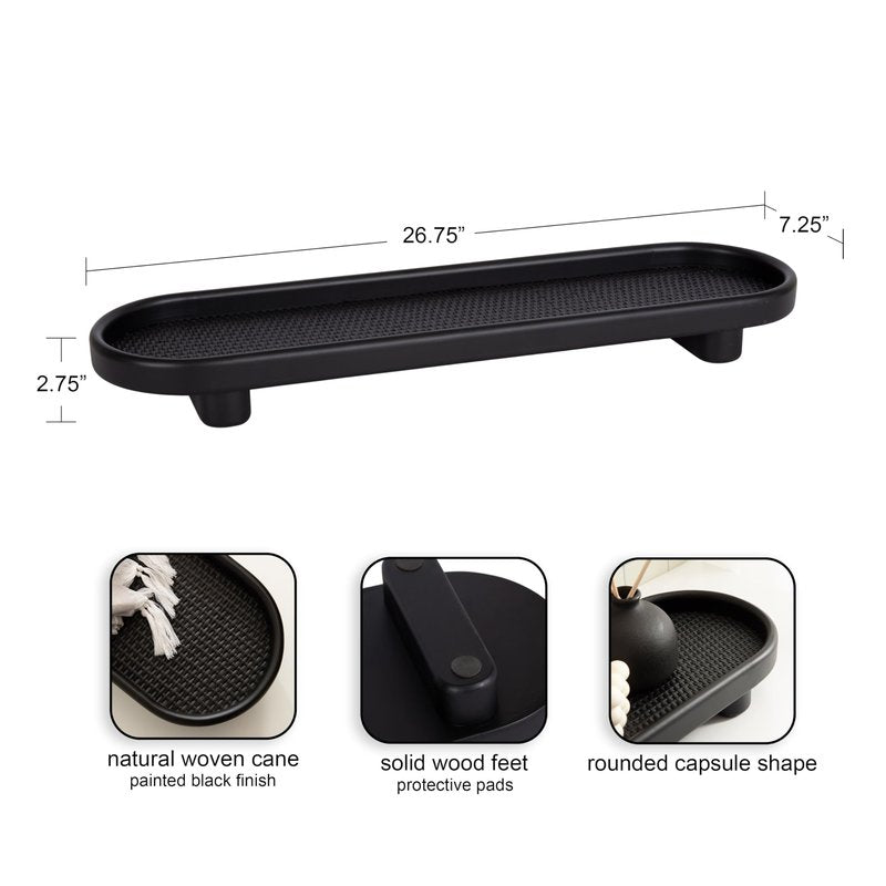 Kate and Laurel Planche Decorative Capsule Woven Tray with Solid Wood Frame; 27 x 8; Black; Modern Slim Wood Rectangle Serving Tray for Living Room