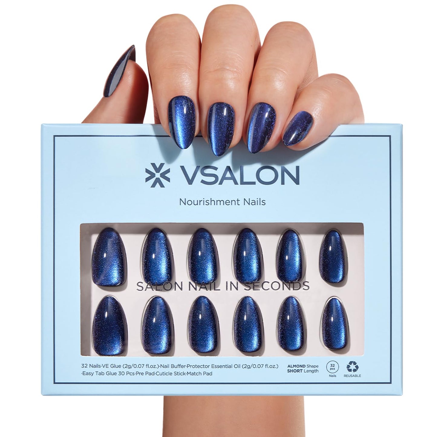 VSALON Press On Nails - Short Almond Blue Cat Eye Chrome Kit | 32 PCS Reusable Gel Nails with Glue & Cuticle Oil