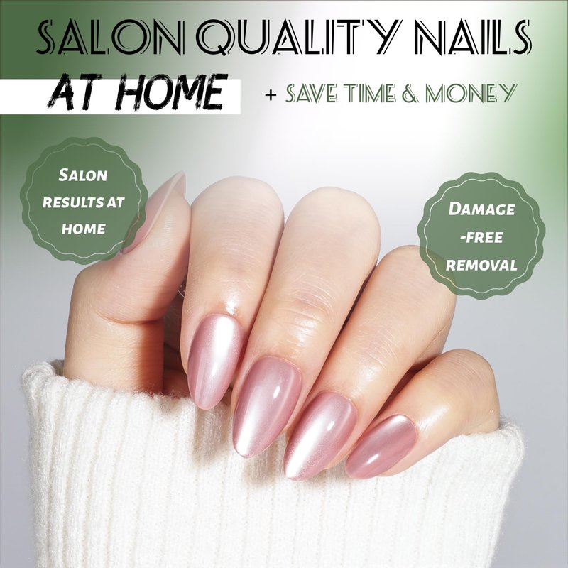 Cat Eye Press On Nails Almond - Mauve Short Fake Nails with Nail Glue, Pink Press On Nails Opaque Reusable Stick On Nails in 16 Sizes - 32 Nail Kit for Women & Girls | Salon Quality