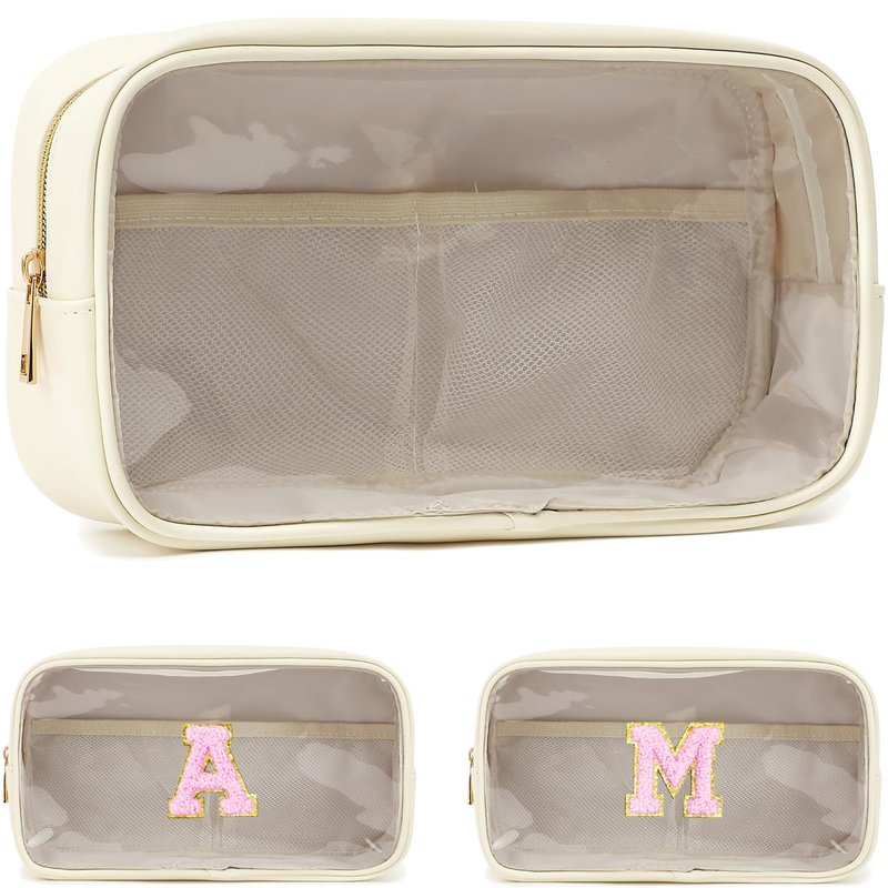 Fammart Clear Makeup Bag with 2 Customizable Chenille Letters - Waterproof PU Leather Cosmetic Case, Large Personalized Toiletry Pouch for Women & Teens, Ideal for Travel & Gift
