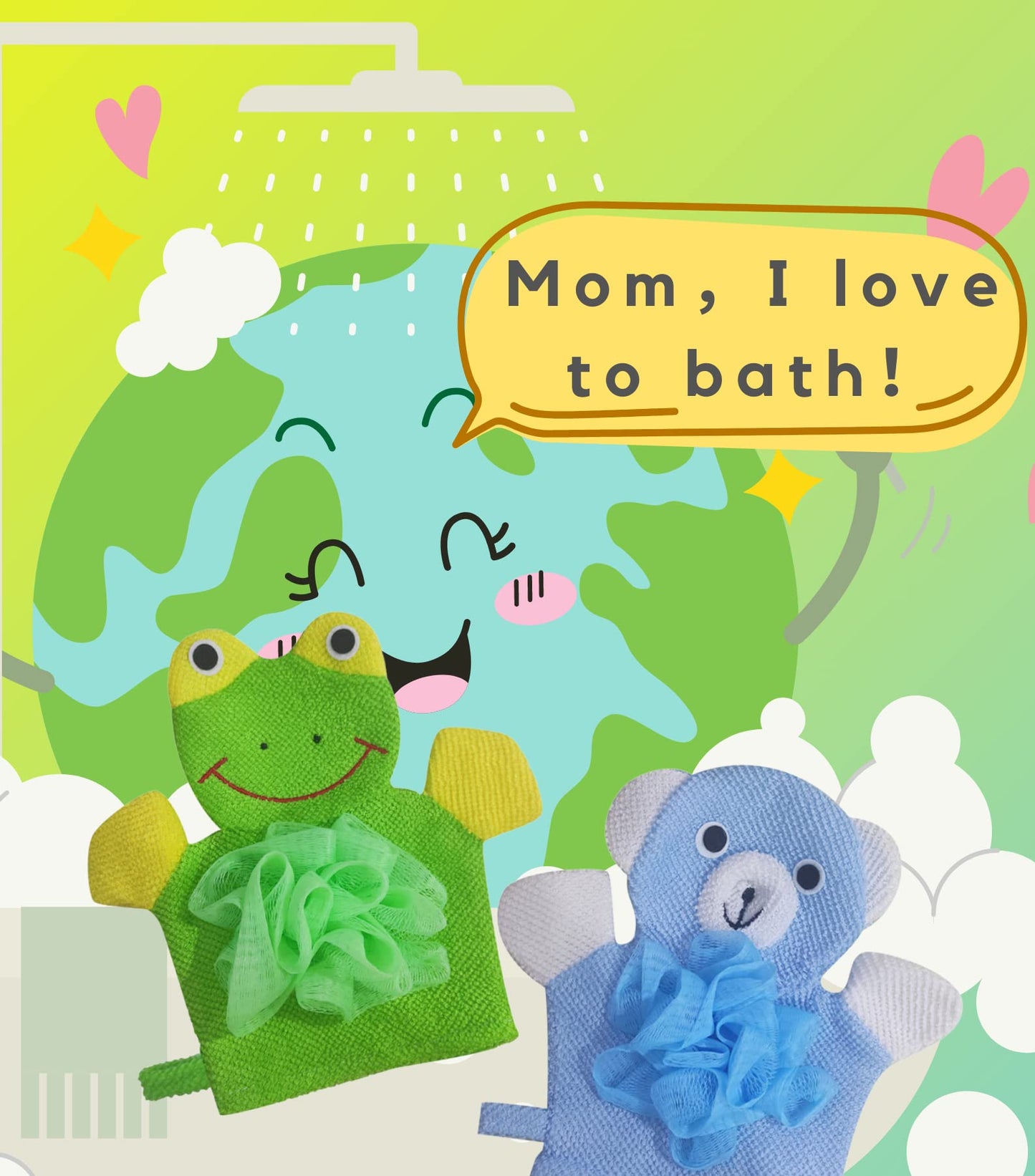 Kids Bath Gloves Loofah for Kids 2 Pack Glove Body Scrubber for Shower Animal Body Wash Gloves, Easy to Lather (Bear Frog)