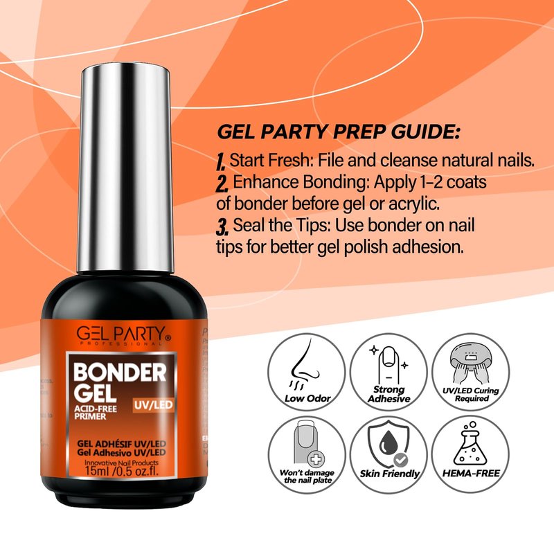 GELPARTY Nail Prep Kit 2x15ml – HEMA-Free Dehydrator & Acid-Free Primer Set for Acrylic, Gel, UV/LED & Press-On Nails – Strong Adhesion, No Burn, Fast-Dry Bonding Agent for Professional & DIY Use