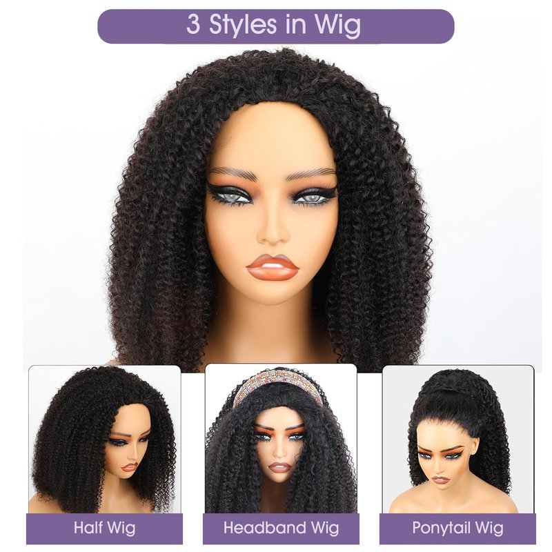 OQ Hair Afro Curly Half Wig Human Hair 180% Density 3 In 1 Beginner Friendly Glueless Wear and Go Kinky Curly Half Human Hair Wig for Women 18 Inch