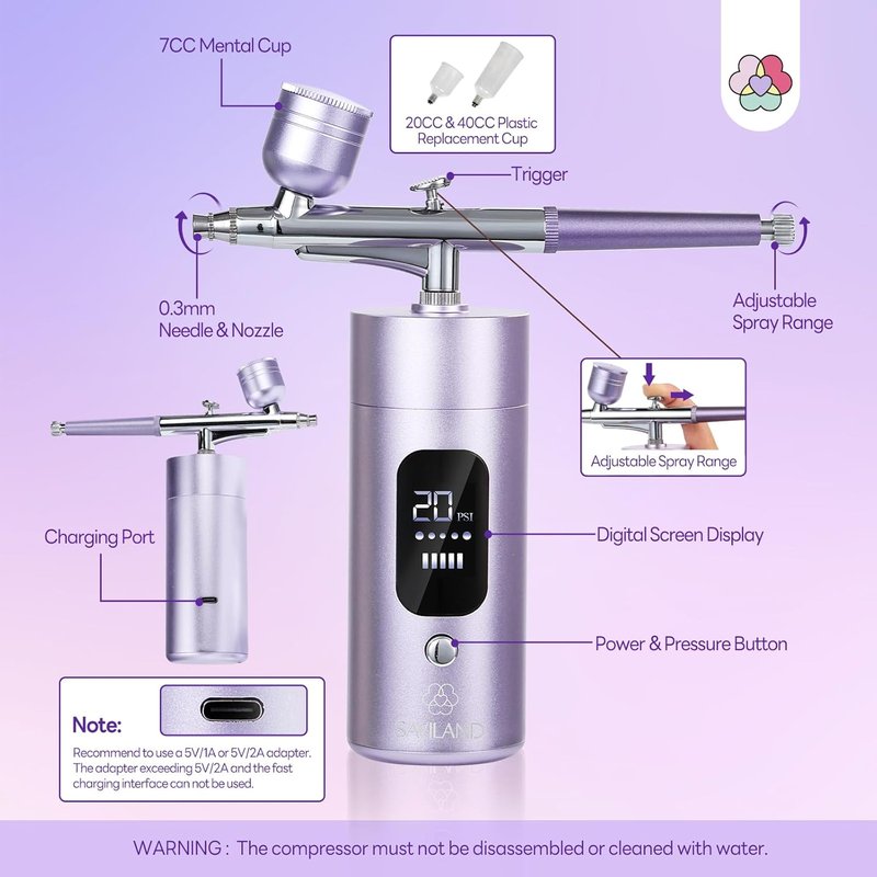 SAVILAND Airbrush Kit for Nails: 30 PSI LCD Display Airbrush Kit with Compressor Rechargeable Nail Airbrush Machine with 0.3mm Nozzle Cordless Portable Air Brush Painting Set for Nail Art