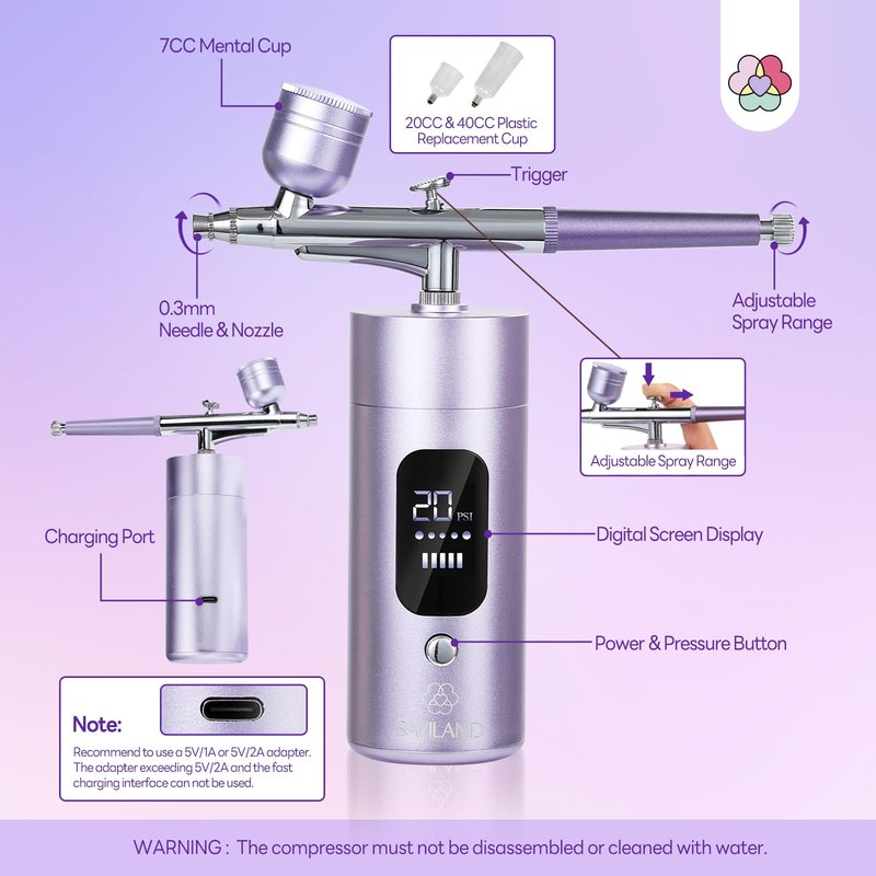 SAVILAND Airbrush for Nails: 30 PSI LCD Display Airbrush Kit with Compressor 0.3mm Nozzle Air brush Gun Portable Rechargeable Cordless Air Brush Machine for Nails Art Painting, Cake Decor, Makeup