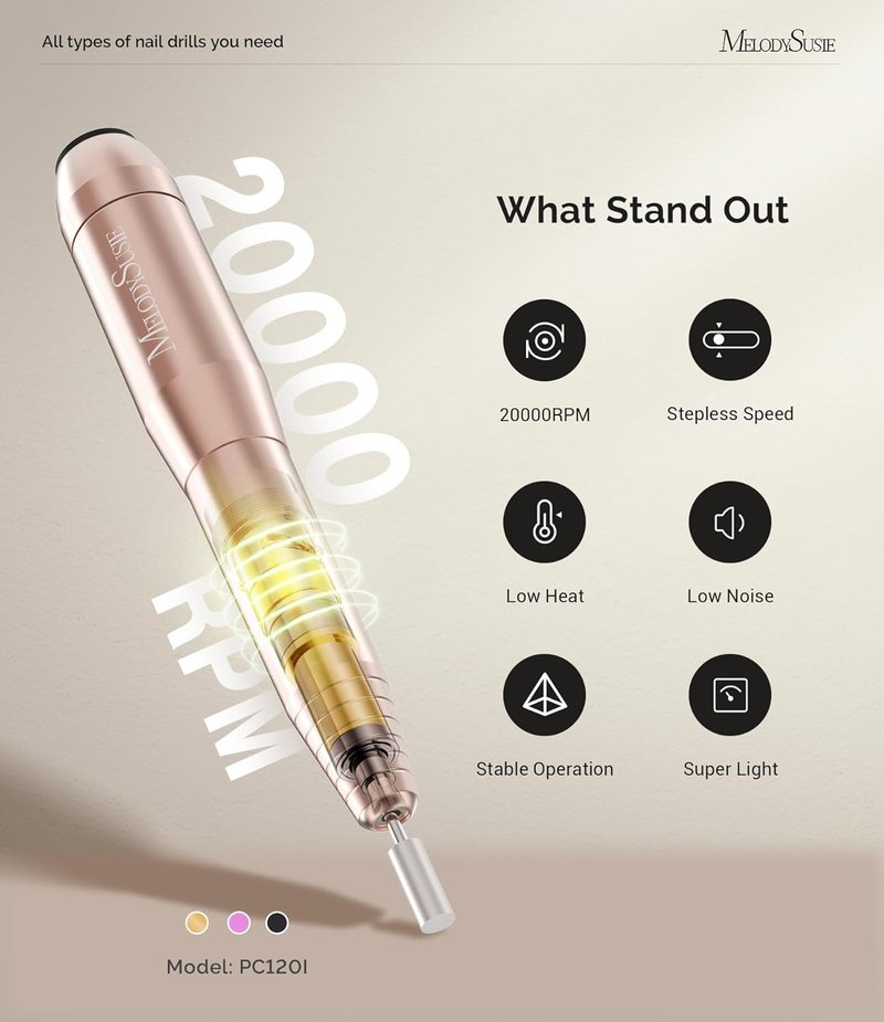MelodySusie Portable USB Nail Drill - 20000RPM Electric Nail File for Easy Home Manicure & Gel Removal