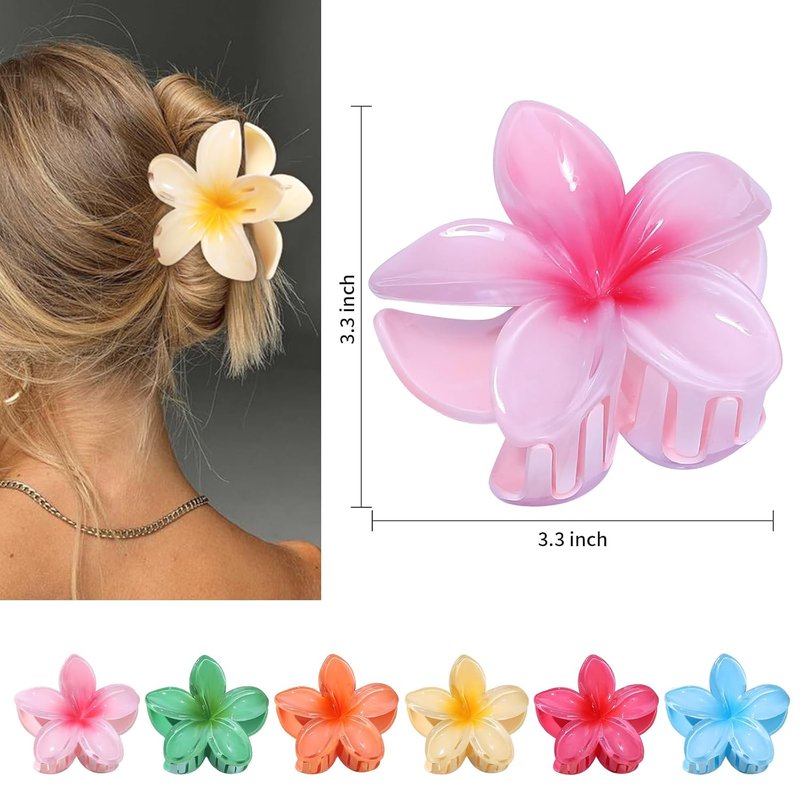 CHANDAT Flower Hair Clips 6 PCS Hawaiian Claw Clips for Vacation Hibiscus Hair Claw Clips Cute Large Hair Clips for Thick and Thin Hair Plumeria Hair Accessories for Women Girls - Blossom