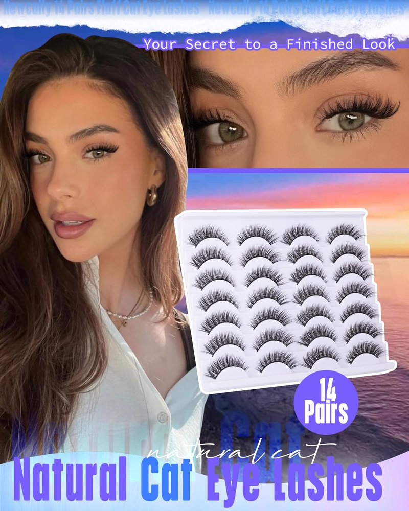 False Eyelashes Cat Eyes | Wispy Natural Faux Mink Lashes - 14 Pairs Multipack