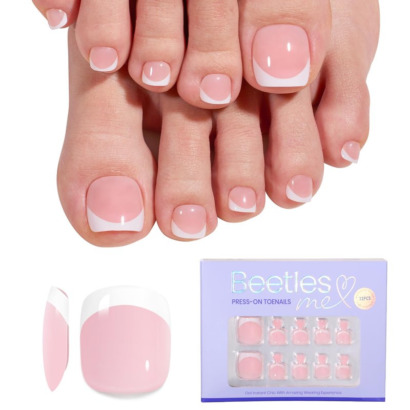 Beetles Toe Nail Press Ons Short - White French Tips Press On Toe Nails Square for Women - Perfect fit for feet with Jelly Glue Fast Dry Glue Fake Toenails in 18 Sizes- 72 Toenails Kit