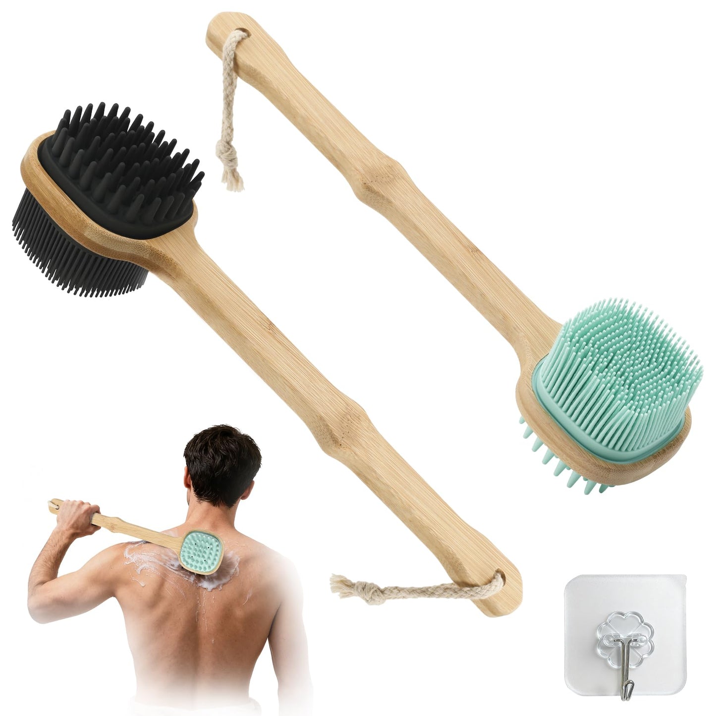 Silicone Back Scrubber for Shower, 2 PCS Silicone Bath Body Brush Loofah with Long Handle, Dual-Sided Shower Brush for Body, Exfoliating Body Scrubber Back Washer for Men Women(Lake Blue +Black)
