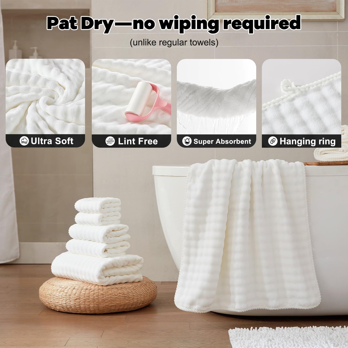 COZYART Lint Free Towel Sets 8 Pcs White, Super Soft, Thick Absorbent & Quick Dry Microfiber 3D Bubble Bathroom Daily Use Set with 2 Bath Towels, 2 Hair Towels, 2 Hand Towels, 2 Washcloths