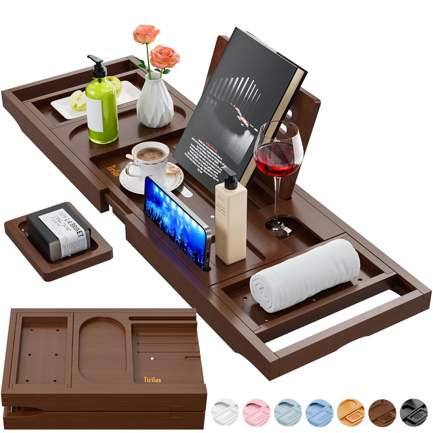 Yirilan Bathtub Trays for Tub,Bath Tray, Foldable Bathtub Caddy,Brown
