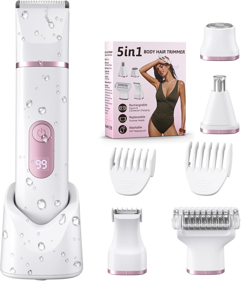 5-in-1 Bikini Trimmer for Women - IPX7 Waterproof Electric Shaver with LED Display | Rechargeable Hair Removal, 5 Ceramic Blades