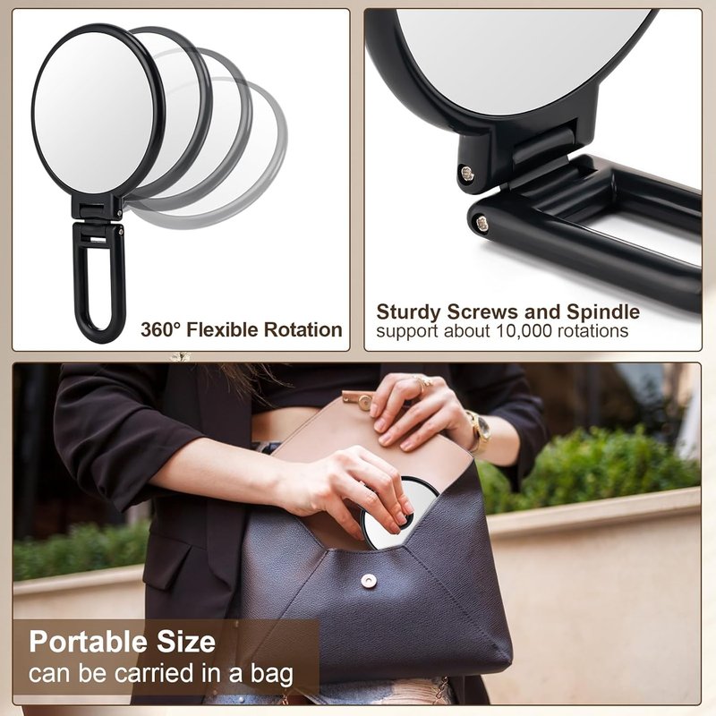 1X/10X Magnifying Handheld Mirror - Double-Sided, Foldable Travel Makeup Mirror | Adjustable Rotation, Black