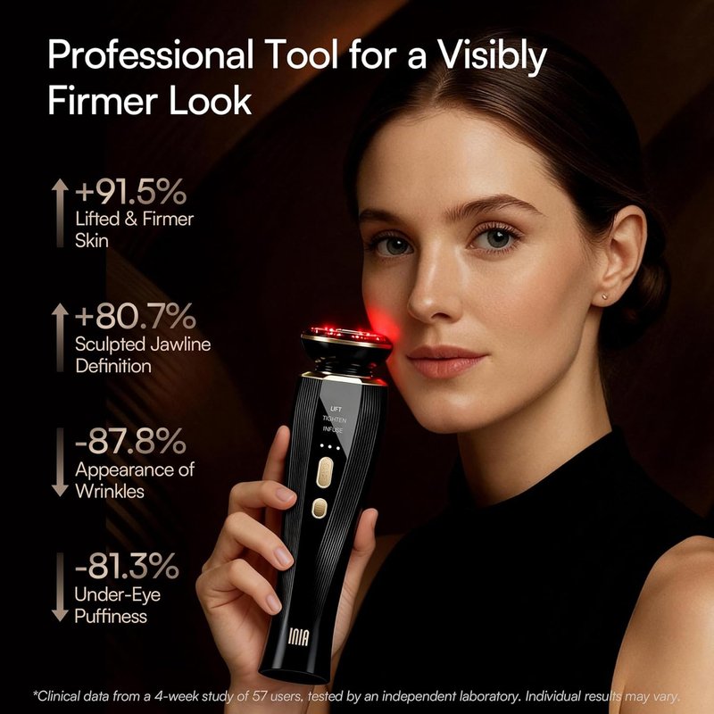 INIA 3-in-1 Red Light Therapy Device - Face & Neck Beauty Tool for Puffiness & Skin Firming (Black)