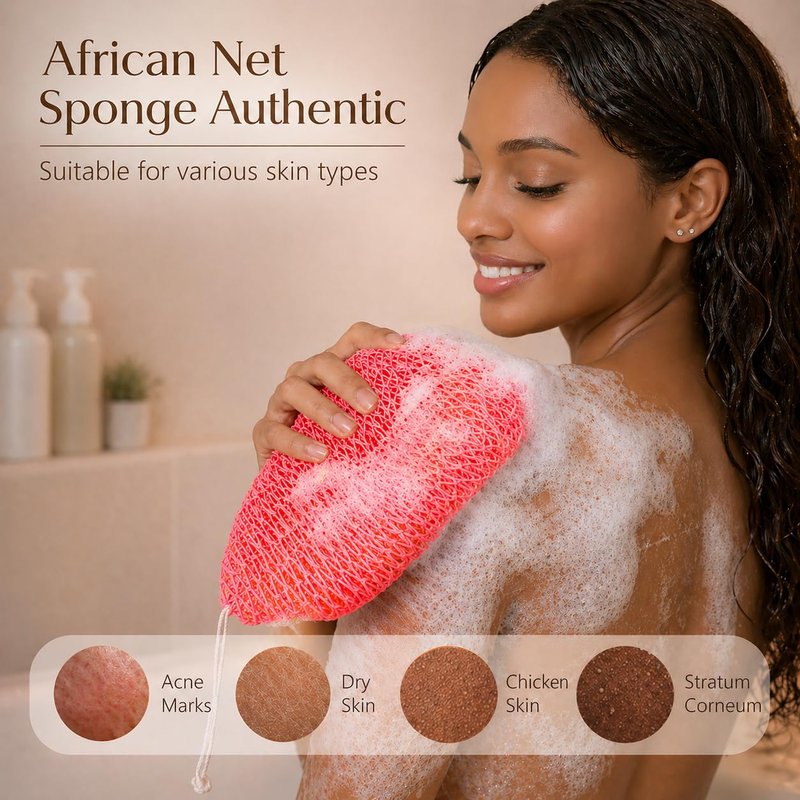 African Net Sponge Authentic, 3 Pcs Real African Exfoliating Net Sponge with Knots for Daily Shower Stretch Back Scrubber for Women and Men Bath Travel Gift Gym Use (Olive Green+Champagne Gold+Pink)