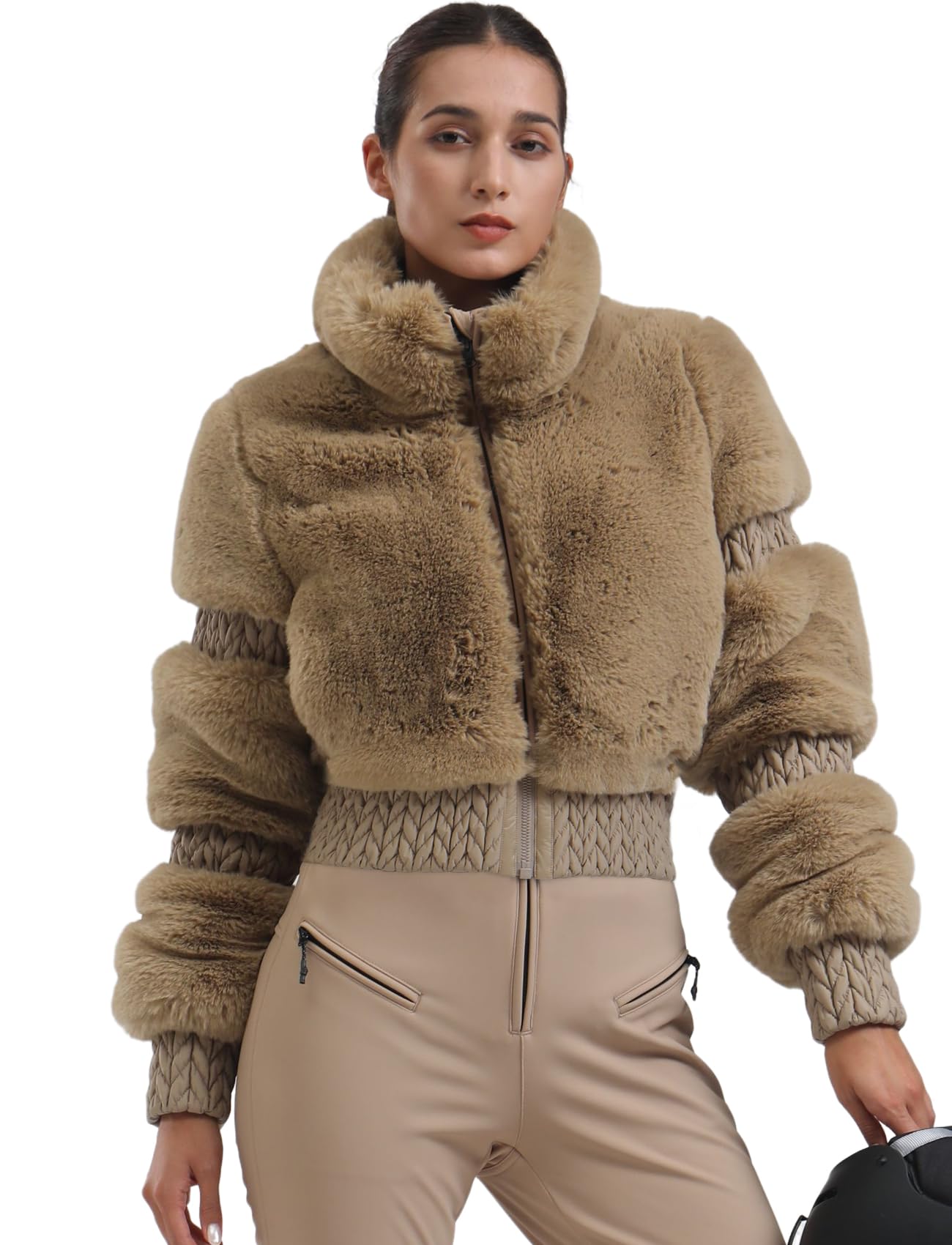 GSOU SNOW Women Ski Jacket Faux Fur Snowboard Coat Snow Cropped Jacket Winter Outdoor Warm