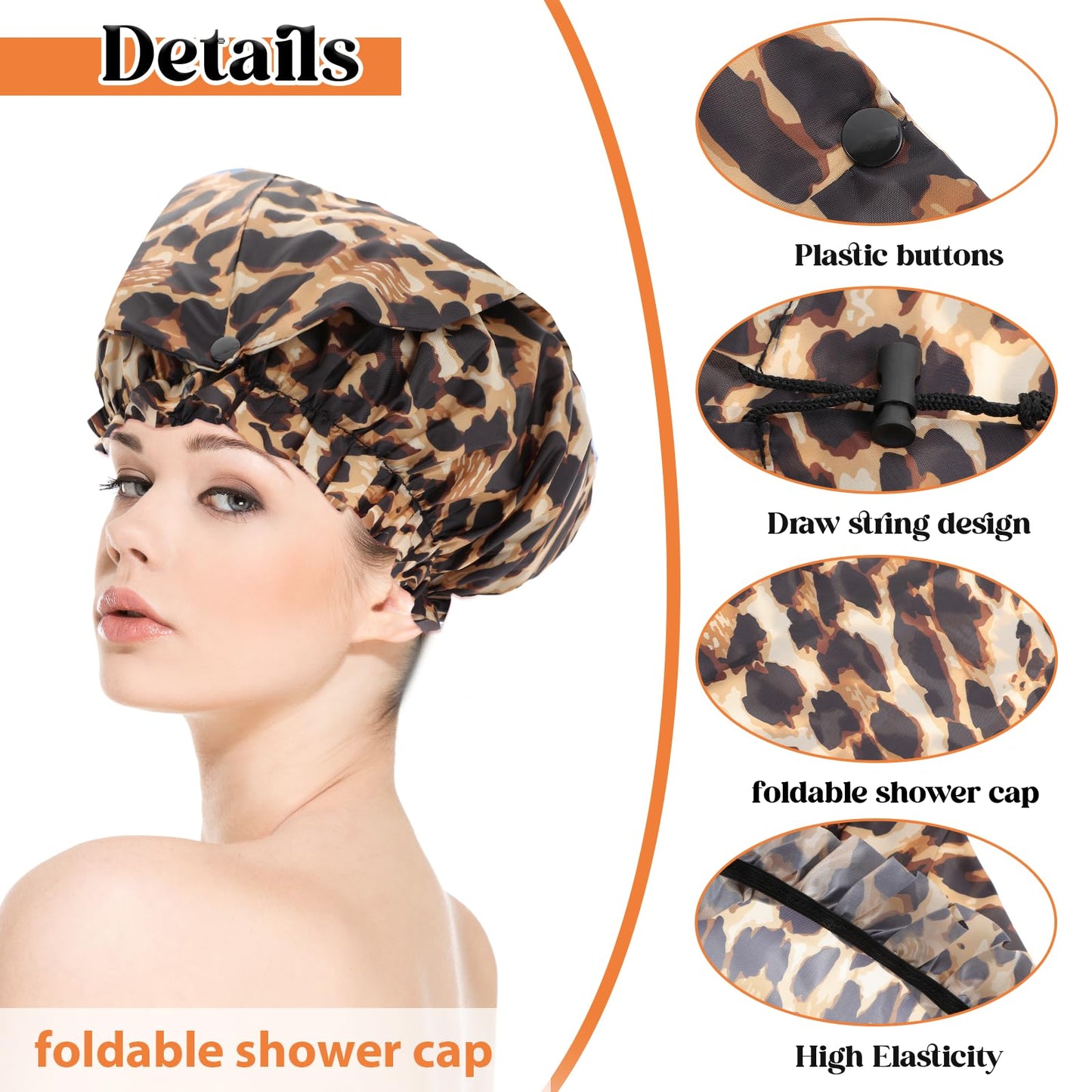 2 Pcs Large Shower Cap for Braids, Extra Long Shower Cap for Women Long Hair & Locs, Waterproof Hair Bonnets for Dreadlocks Drawstring Bath Caps for Women & Men (Black, Leopard)