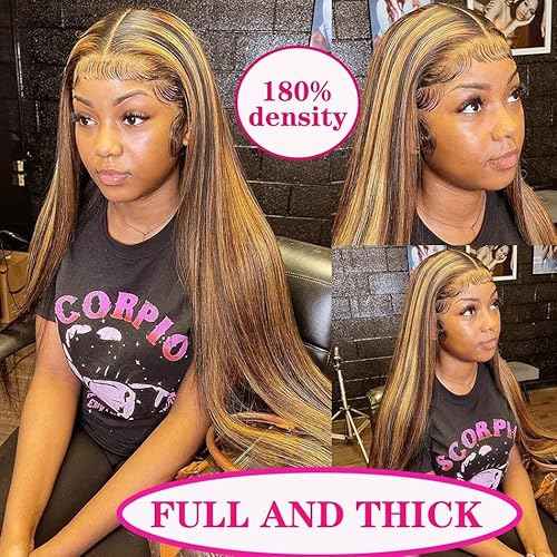 Cypha Ombre Lace Front Wig Human Hair Highlight 13x4 HD Straight Lace Front Wigs 180% Density 4/27 Colored Honey Blonde HD Lace Frontal Wigs For Women Glueless Pre Plucked with Baby Hair 24inch