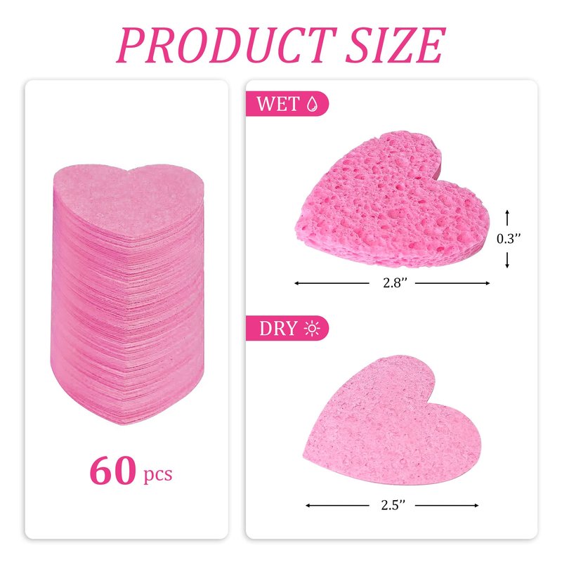 50-Count Kickleen Compressed Cellulose Heart Shape Facial Sponges | Natural Cosmetic Spa Sponges for Facial Cleansing | Exfoliating | Makeup Mask Removal | Reusable | Skin Massage (50 Count (Pink))