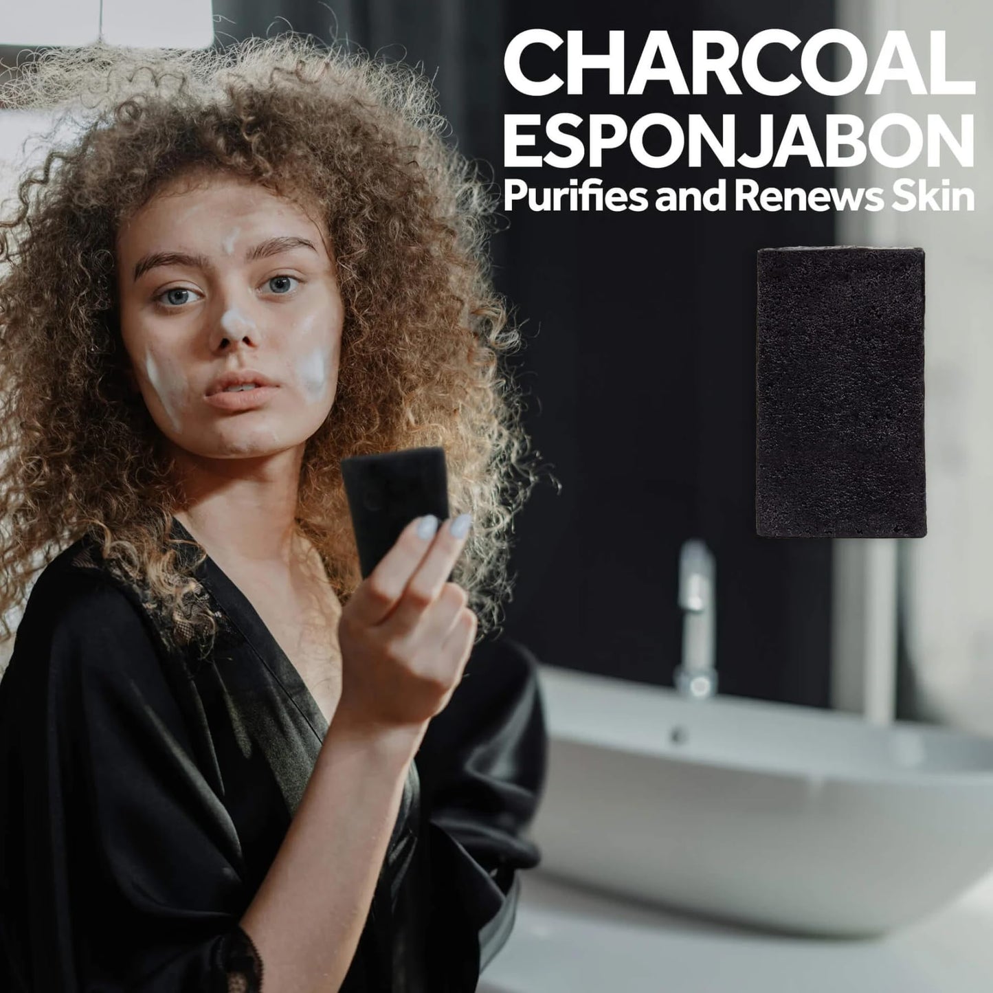 T.Taio Esponjabon Charcoal Soap Sponge - Cleansing Shower Scrubber - Cleaning Bath Wash Scrub - Oil Removal - Massage & Lather Foot, Elbow, & Face - Bathroom Accessories - Charcoal, Mini Soap Included
