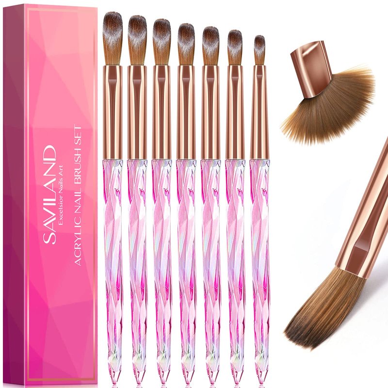 Saviland Kolinsky Acrylic Nail Brush Set: 7PCS Professional Nail Brushes for Acrylic Application DIY Nail Art Extension 3D Carving Manicure Tools Home Salon Use Size 4,6,8,10,12,14,16