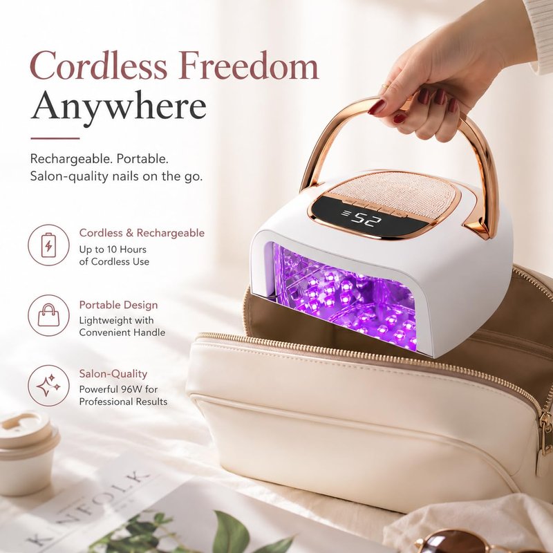 Cordless UV Nail Lamp for Gel Nails, 96W Rechargeable Nail Dryer with Long-Lasting 15600mAh Battery, Fast Curing, Smart Sensor & Sturdy Metal Base for Salon, Home & Travel