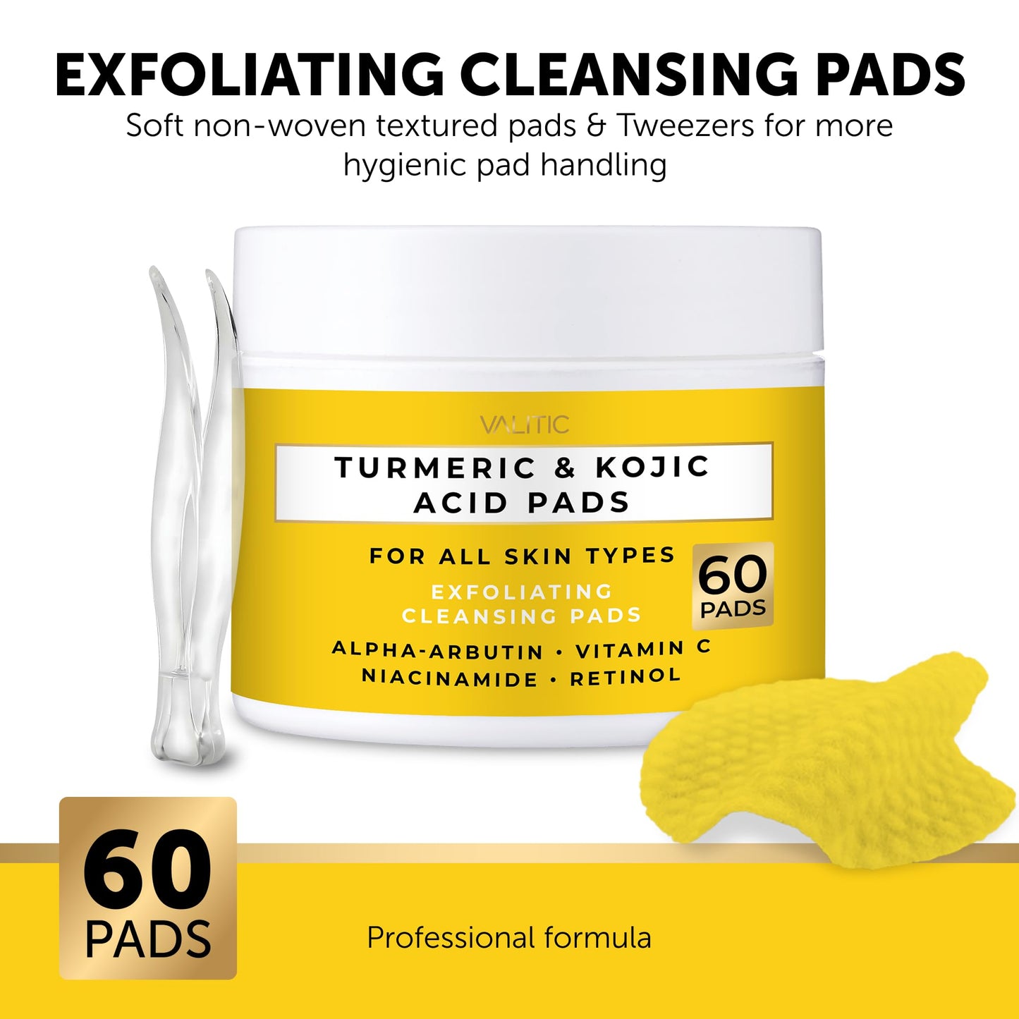VALITIC Turmeric Kojic Acid Cleansing Pads - Exfoliating Dark Spot Remover for Face with Vitamin C, Alpha Arbutin, Niacinamide and Retinol - Kojic Acid And Turmeric Cleansing Pads - 60 Units
