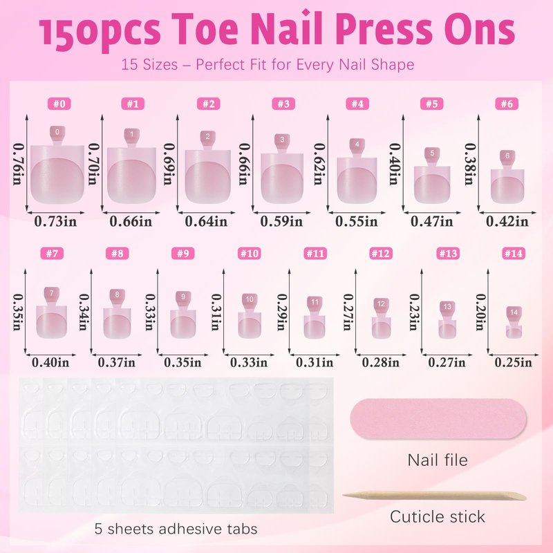 AddFavor Toe Nail Press ons - 150pcs Press on Toenails for Women, Pink French Tip Toe Press on Nails Fake Toe Nail Tips Square Fake Toenails in 15 Sizes Acrylic Toenail with Adhesive Tabs