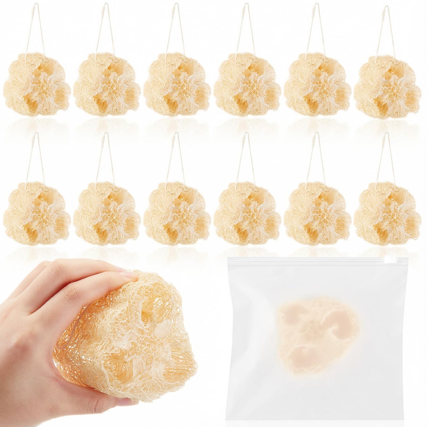 Acellegic 24 Pcs Mini Natural Loofah Sponges, 12 Pcs 2 Inch Single Wrapped Egyptian Loofah Bath Sponge with 12 Travel Pouches, Exfoliating Shower Scrubber for Body Face Skin Care & Kitchen Cleaning