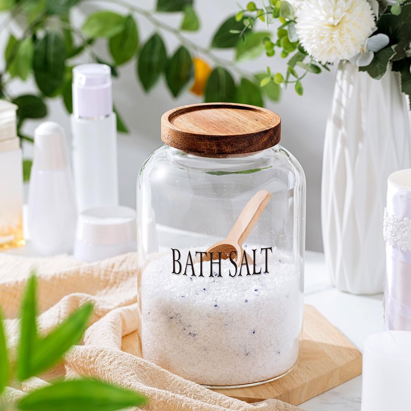 SiliFine 2 Sets 74 oz Large Bath Salt Container with Wooden Scoop for Glass Bath Salt Jar with Airtight Lid Storage Canister for Food, Flour, Sugar, Cookie, Kitchen