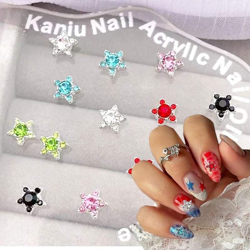 250th Anniversary Nail Charms - 24Pcs Red, White & Blue Star Rhinestone Gems for Patriotic Nail Art