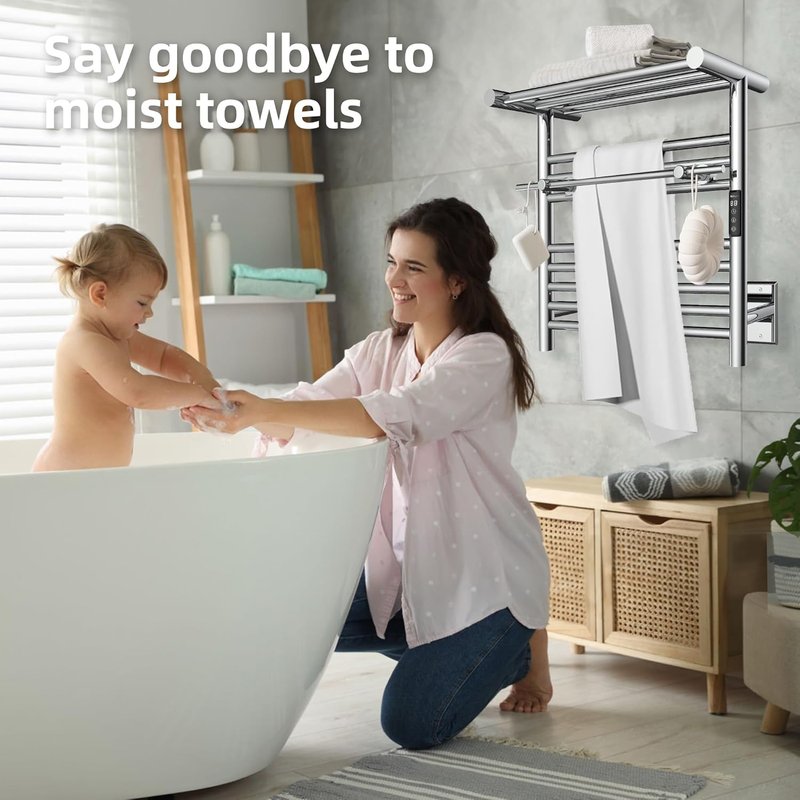 Heated Towel Warmer Rack - Wall Mounted Bathroom Towel Warmer with Top Shelf | 19.69" x 19.69" - Polished Finish