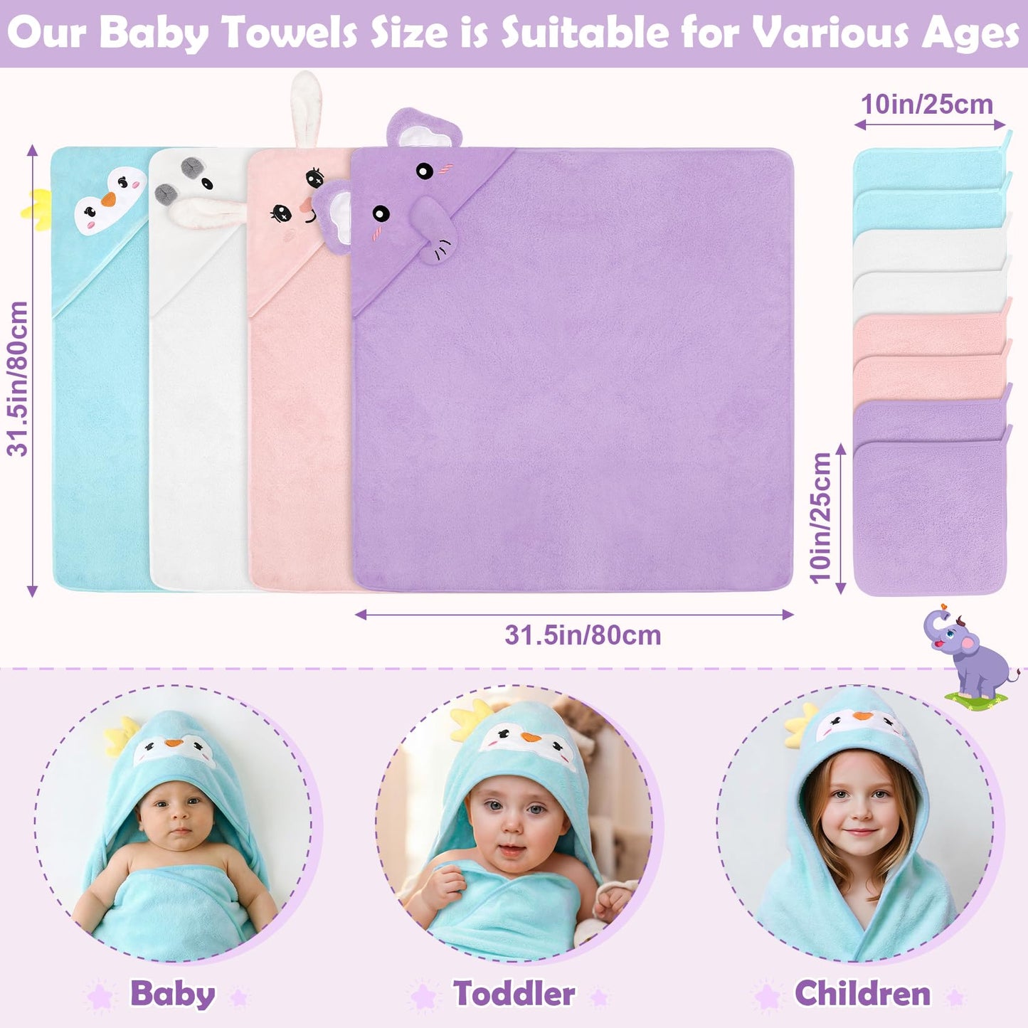 CandyHome 12 PCS Baby Bath Towels Set for Infants Toddlers, 4 PCS Animal Hooded Baby Towels & 8 PCS Washcloths Set, Ultra Absorbent Newborn Bath Essentials Gifts for Boys & Girls