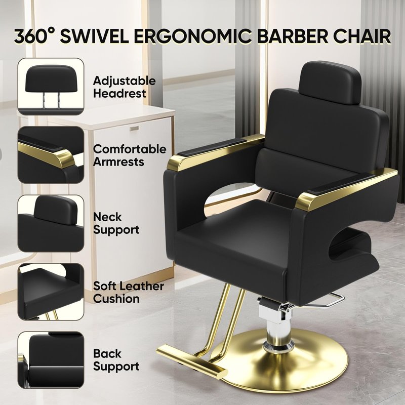 Salon Chair for Hair Stylist, Barber Chair with Heavy Duty Hydraulic Pump, Stylist Chair for Barbershop, Silla de Barberia 360 Degrees Rolling Swivel Spa Beauty Equipment for Hair Stylist, Black/Gold