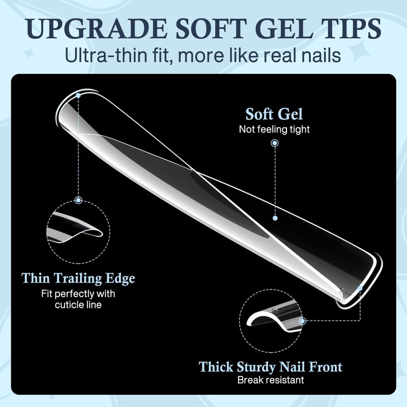 Luckyfairy XXL Nail Tips Square 504 Pcs 12 Sizes - No C Curve Flat Square Nail Tips Clear 2XL Full Cover Tapered Gel Acrylic Fake Nails Gelly Tips for Nail Extension Nail Art